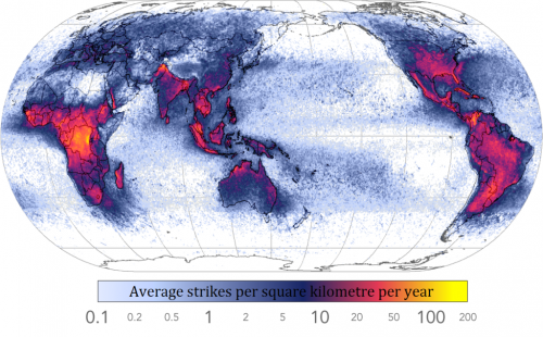 Map showing frequency of lightning strikes throughout the world, based on data from NASA.