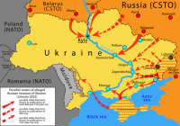 Possible routes of alleged Russian invasion of Ukraine (January 2022). Map depicts two slightly different plans published by German Bild ([1]) and US-based CSIS