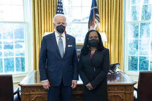 Today, President Biden nominated Judge Ketanji Brown Jackson to the Supreme Court. Judge Jackson is currently serving on the U.S. Court of Appeals for the D.C. Circuit and has strong, broad experience across the legal profession. In the image, President Biden and Judge Jackson stand side by side in front of a desk in the White House, both masked, but smiling.