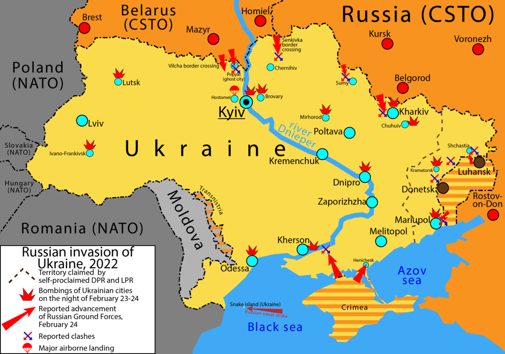 2022 Russian invasion of Ukraine – invasion of Ukraine by Russia starting on 24 February 2022