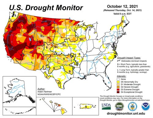 Map of drought conditions in the United States, October 12, 2021 from the US Drought Monitor. Western United States is covered with shades of red and occasional patches of orange and yellow.