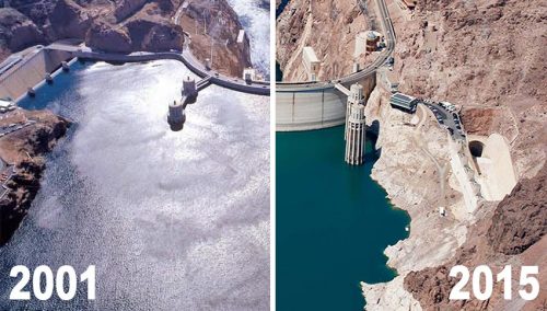 Drought of the Colorado River. Full in 2001 (left) compared with very low in 2015 (right).