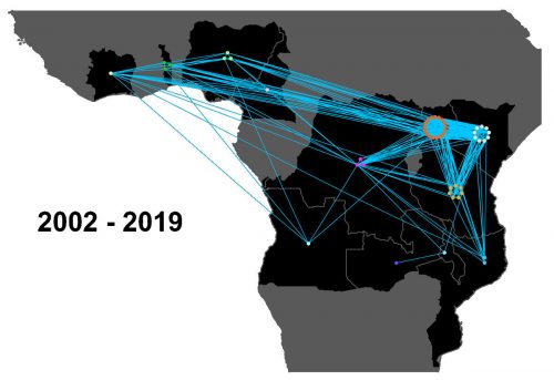 Map showing where ivory shipments were found as dots. Blue lines show that shipments are connected.