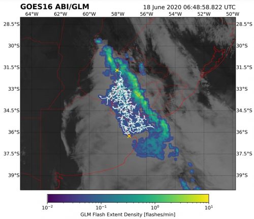 Image from a satellite of the lightning megaflash that set the record for longest lasting lightning flash.