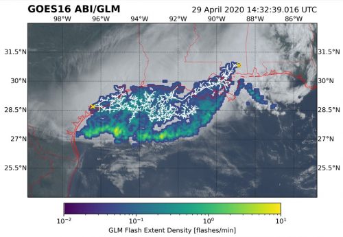 Image from a satellite of the lightning megaflash that set the record for longest distance lightning flash.