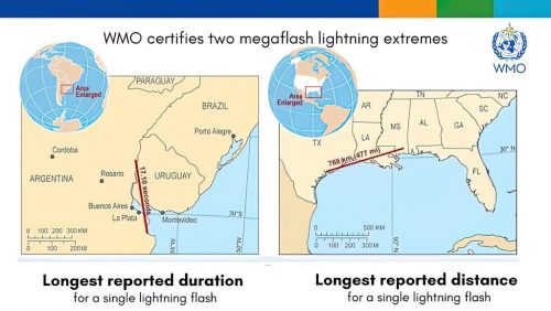 Two maps showing the locations of the record-setting lightning megaflashes.