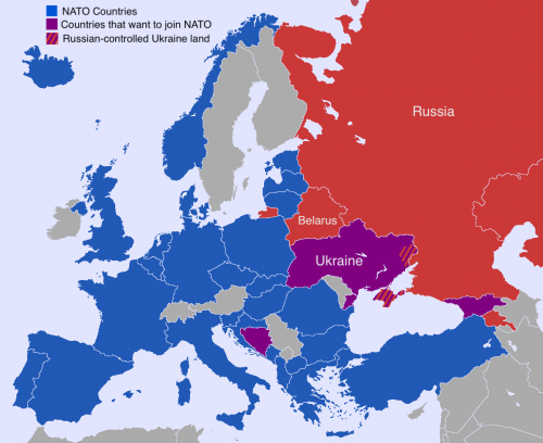 Map showing Russia, Belarus, Ukraine, as well as European NATO countries, and countries that want to join NATO.