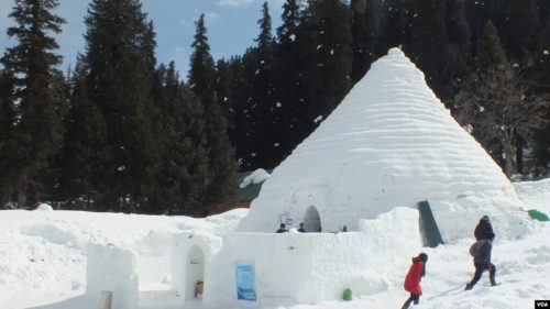 Outside view of the "world's largest" igloo cafe at a ski resort in Gulmarg, Kashmir.
