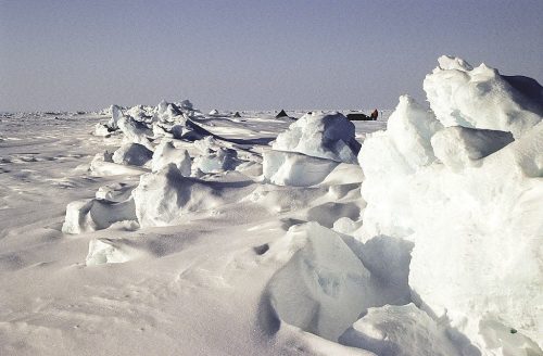 The arctic ice pack with pressure ridges at the Geographic North Pole.