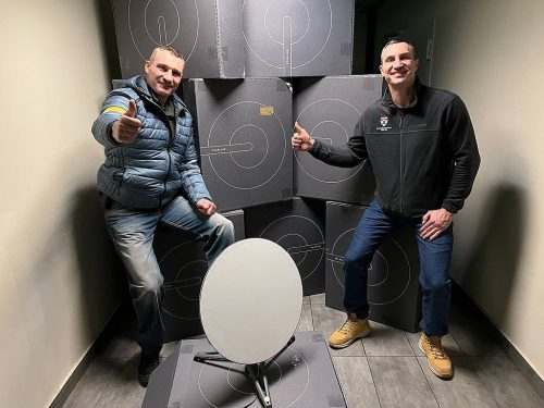 Vitali and Wladimir Klitschko with user terminal of Starlink system of satellite Internet access in Kyiv. The terminals and access to the system were provided to Ukraine by Elon Musk shortly after beginning of the 2022 Russian invasion