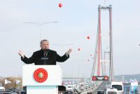 Turkish President Tayyip Erdogan opens the 1915 Canakkale Bridge on March 18, 2022.