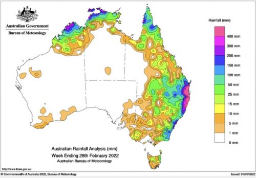 Map showing weekly rainfall totals for Australia for the last week of February, 2022.