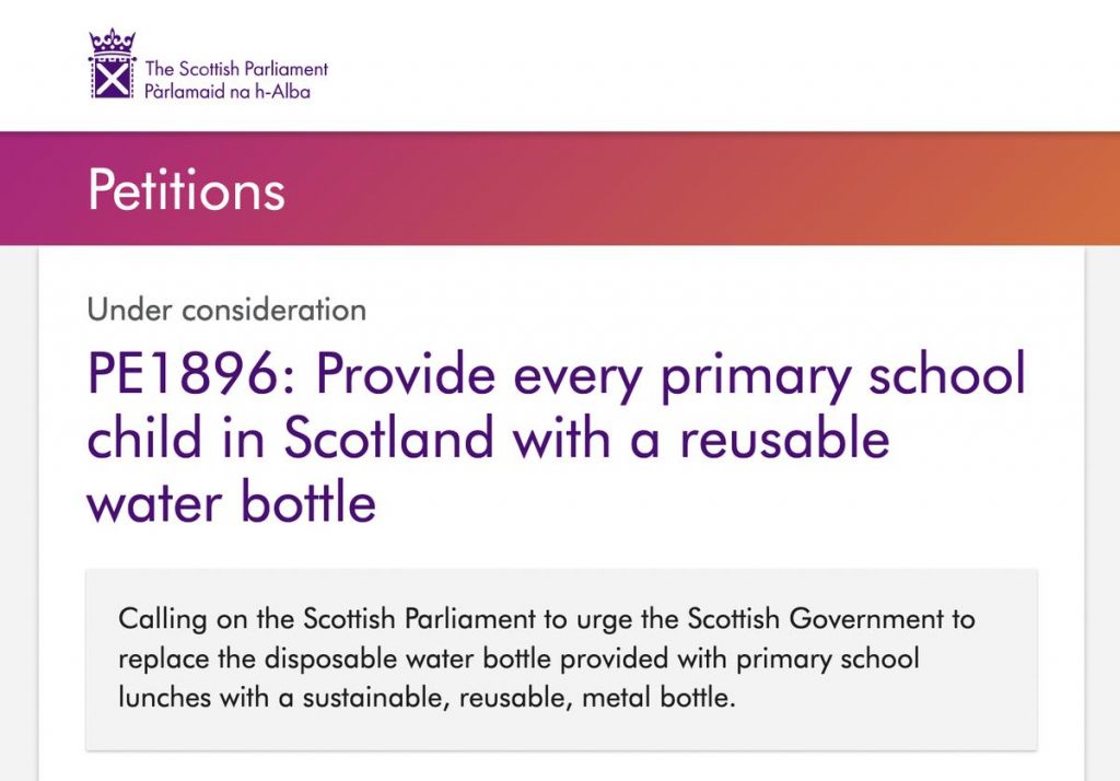 A screenshot showing part of Callum Isted's petition to the Scottish Parliament. The petition's goal is to 'Provide every primary school child in Scotland with a reusable water bottle.'