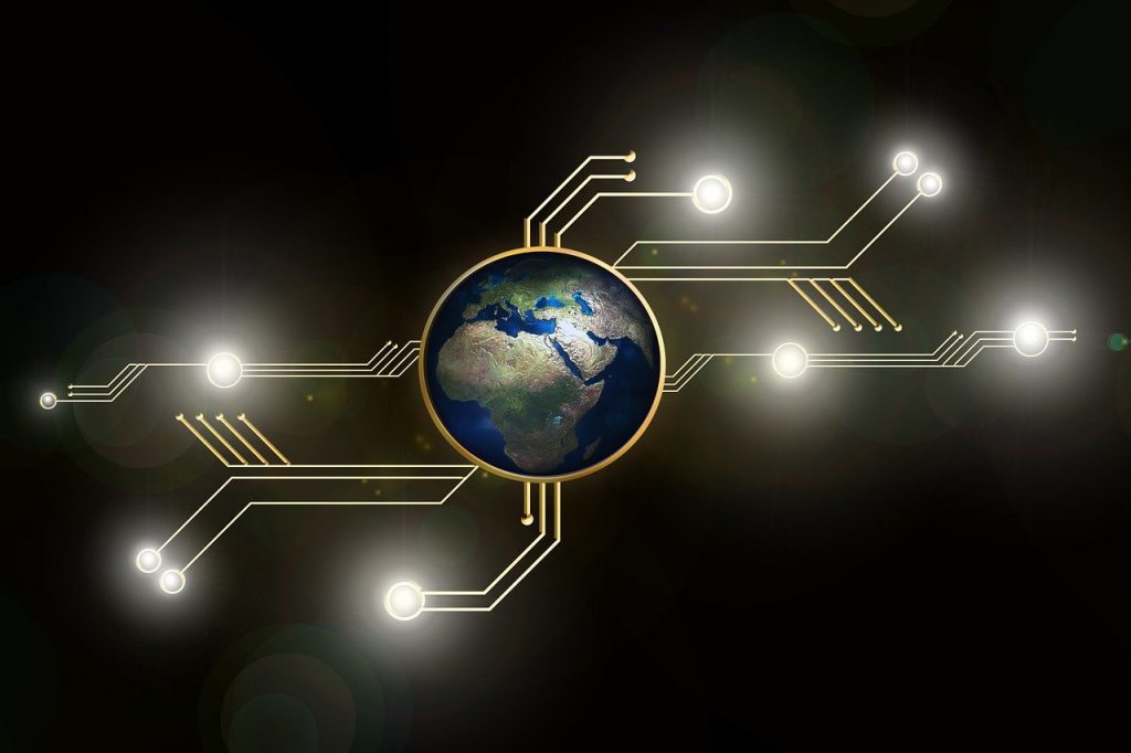 An image showing a world map centered on Africa inside multiple connection similar to a circuit board.