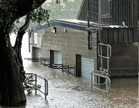Flooding on the banks of the Brisbane River, February 28th. A building with three garage-style doors, where the bottom third or so is covered with water.