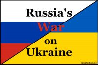 An image that is half Russian flag, half Ukraine flag with the text Russia's War On Ukraine.