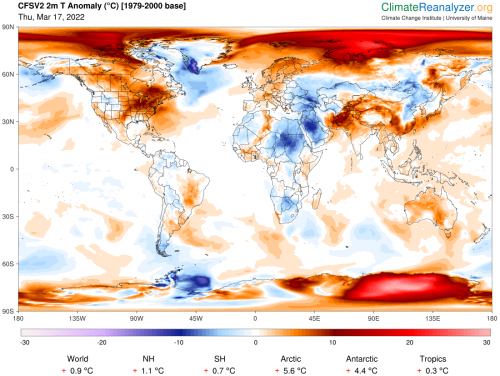 Map of the world, highlighting areas where the temperature is far different from average. Antaractica and the Arctic are a dramatic red.