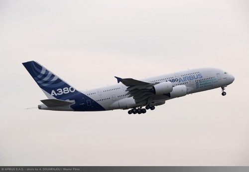 Airbus A380 flying, powered by 100% Sustainable Aviation Fuel (SAF).