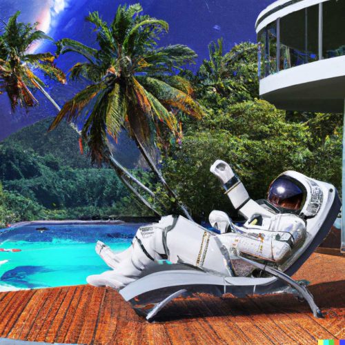 DALL-E 2's idea of an astronaut lounging in a tropical resort in space in a photorealistic style.