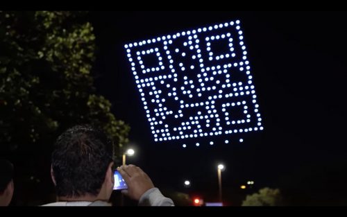 A QR code created in the sky by 300 drones from the Sky Elements Drone company.