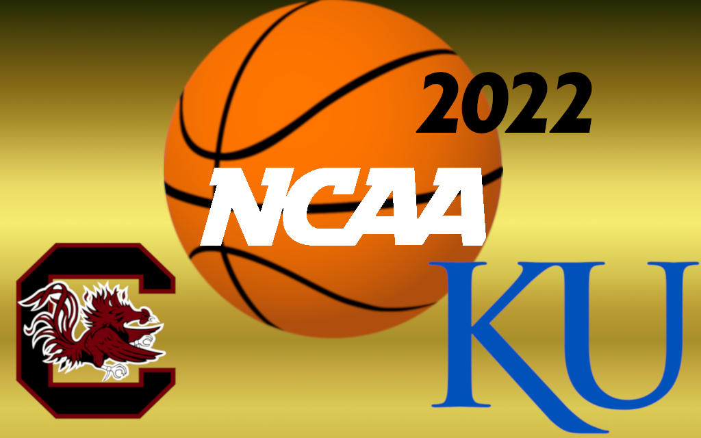 Image showing the NCAA logo and 2022 over a basketball with the logos of the South Carolina and Kansas University teams.
