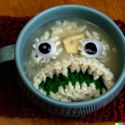 DALL-E 2's idea of a bowl of soup that looks like a monster knitted out of wool.