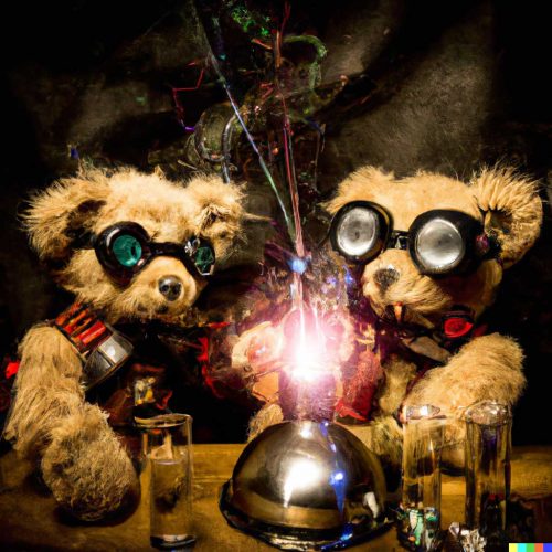 DALL-E 2's idea of teddy bears mixing sparkling chemicals as mad scientists in a 'steampunk' style.