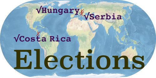 World map with the word Elections. Costa Rica, Hungary, and Serbia are marked and labeled.