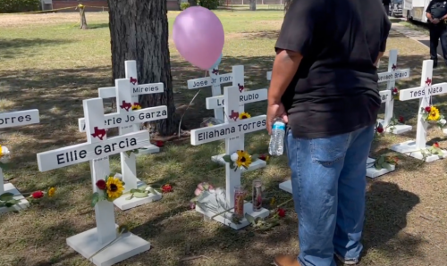 A man stands in front of a collection of small white crosses, each with a name on it - a memorial for the victims of the Robb Elementary School shooting.