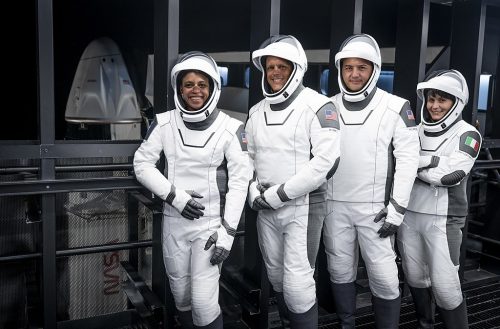 NASA’s SpaceX Crew-4 astronauts, from left, Jessica Watson, Bob Hines, and Kjell Lindgren, and ESA (European Space Agency) astronaut Samantha Cristoforetti stand inside the crew access arm at Kennedy Space Center’s Launch Complex 39A during a dry dress rehearsal on April 20, 2022.
