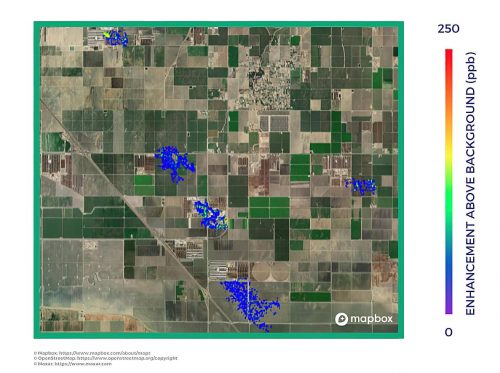 In this satellite image, areas of raised methane emissions are colored blue.