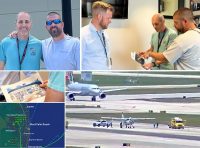 Clockwise from top left: Photo 1: Controller Robert Morgan, left, with the passenger he helped land a single-engine Cessna safely after an unusual in-flight emergency. Photo 2: Air Traffic Manager Ryan Warren (left) and Morgan (center) show the passenger printouts of the Cessna 208 flight deck they used to help him land safely at Palm Beach Airport. Photo 3: The Cessna safely on the runway. Photo 4: The flight path of the Cessna 208. Photo 5: A close up of the printout of the Cessna 208 flight deck controls.