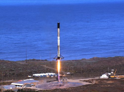 The SpaceX Falcon 9 first stage booster lands at Space Launch Complex 4 at Vandenberg Air Force Base in California after launching the Sentinel-6 Michael Freilich spacecraft on Nov. 21, 2020.