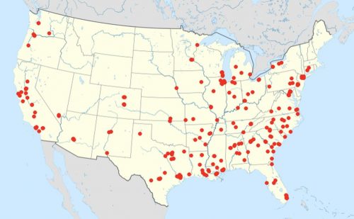 Map showing mass shootings in the contiguous United States in 2022.
