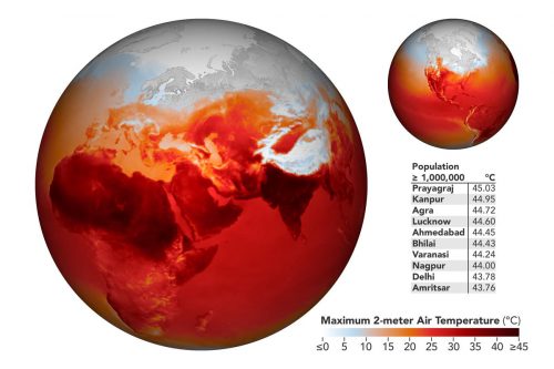 An image of the globe showing air temperatures as shades of red shows India as nearly black, indicating temperatures near 113ºF (45ºC).