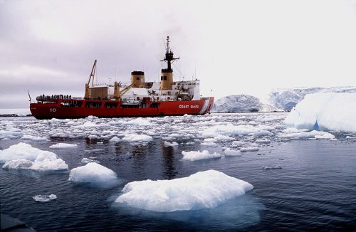 The U.S. Coast Guard icebreaker USCGC Polar Star (WAGB-10) at anchor near Palmer Station, Antarctica, in 1983.