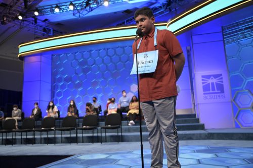 Vikram Raju spelling a word at the Scripps National Spelling Bee
