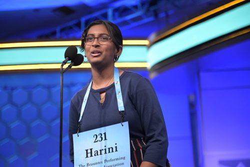 Harini Logan spelling a word at the Scripps National Spelling Bee