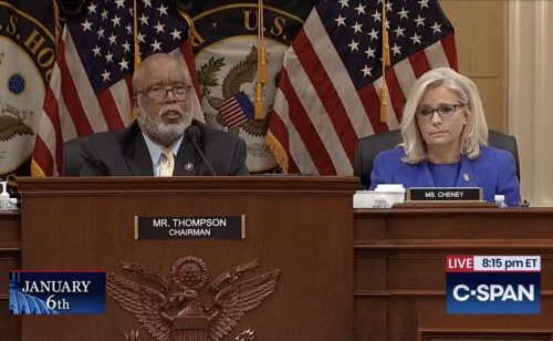 Representatives Bennie Thompson and Liz Cheney at the first hearing of the committee investigating the January 6 attack on the Capitol.