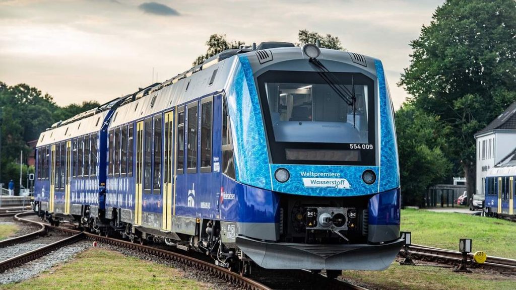 A nearly head-on view of one of the Coradia iLint hydrogen-powered trains now running in Lower Saxony, Germany.