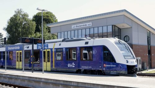 Last Wednesday, five hydrogen-powered trains began to make the 62 mile (100 kilometer) trip between Cuxhaven and Buxtehude in Germany. The new trains are part of a $92.5 million project by LNVG. Above, one of the trains stops at Bremervörde.