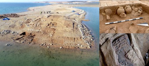 Left: The archeological site of Kemune in the dried-up area of the Mosul reservoir. Top right: Ceramic vessels in which cuniform tablets were stored. Bottom right: one of the cuniform tablets.