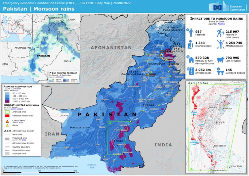 Map showing statistics and rainfall amounts across Pakistan. On the map, most of Pakistan is colored in dark blue or purple, indicating heavy rains across the country.