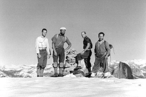 Photo of rock climbers (L to R): Tom Frost, Royal Robbins, Chuck Pratt and Yvon Chouinard on the summit of El Capitan on 30 October 1964, following the ten day ascent of the North America Wall, Yosemite National Park, California.