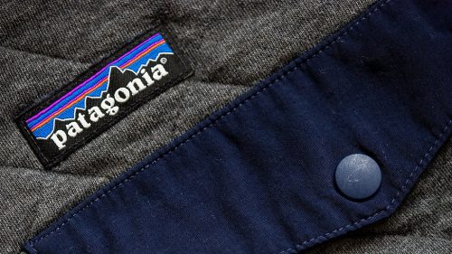 Patagonia label above a pocket on a jacket.