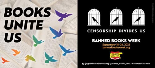 An image showing flying birds with the words "Books unite us", and caged birds with the words "Censorship divides us".