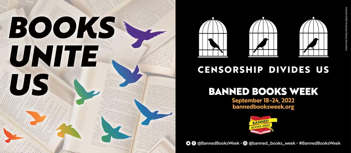 An image showing flying birds with the words "Books unite us", and caged birds with the words "Censorship divides us".