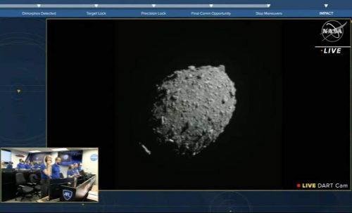 Screenshot showing one of the last images of Dimporphos sent by the DART spacecraft before impact.