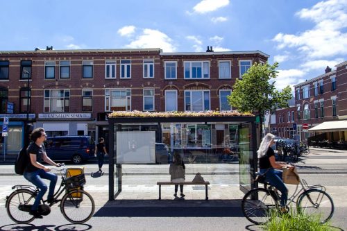 Riders bike past a bee bus stop in Utrecht, Netherlands.
