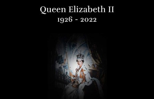 A screenshot from the royal.uk website shows an image of the queen on a black background with the words "Queen Elizabeth II, 1926-2022".